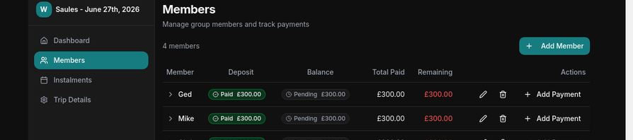 Payment status table showing real-time payment tracking